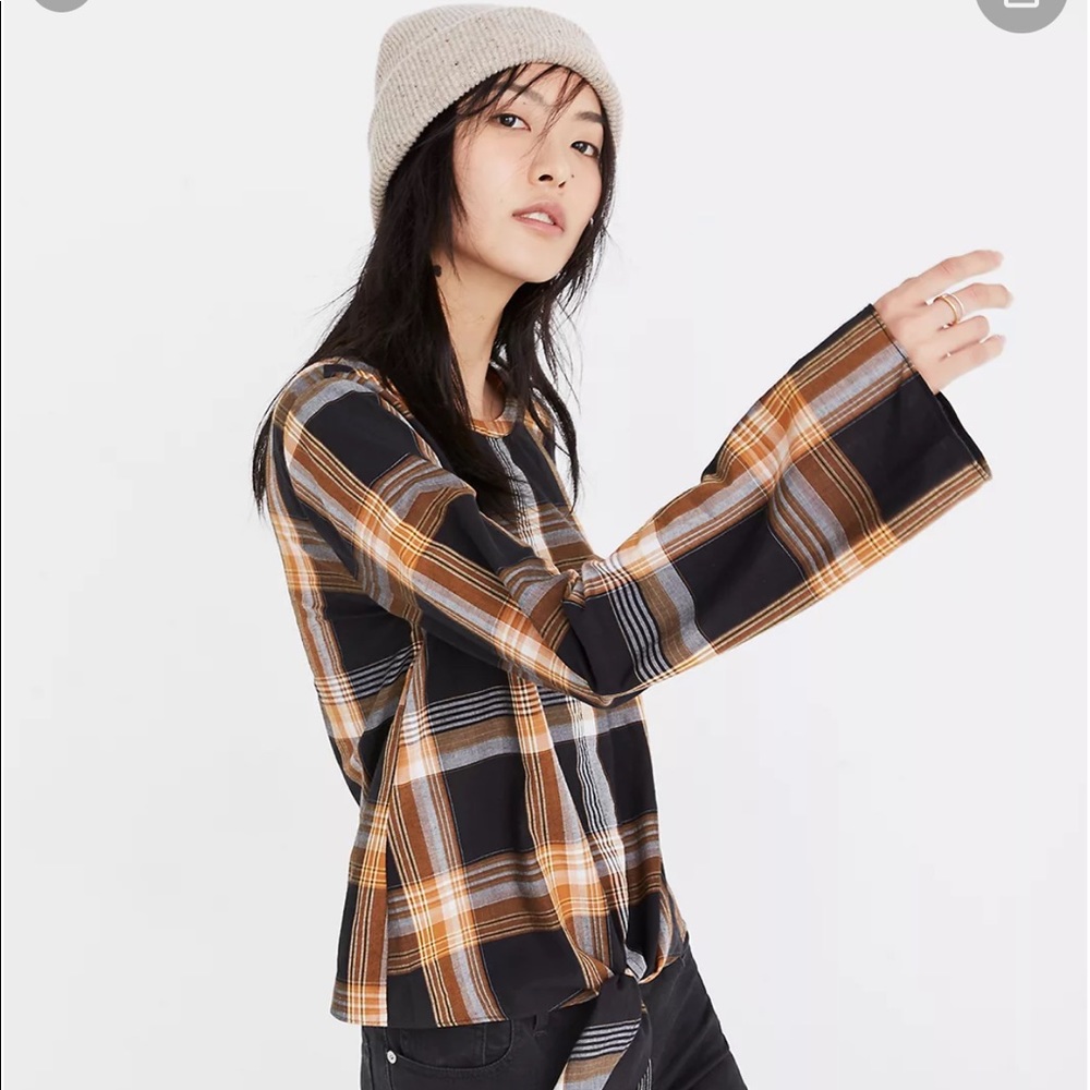 Madewell Plaid Tie-Front Keyhole Top